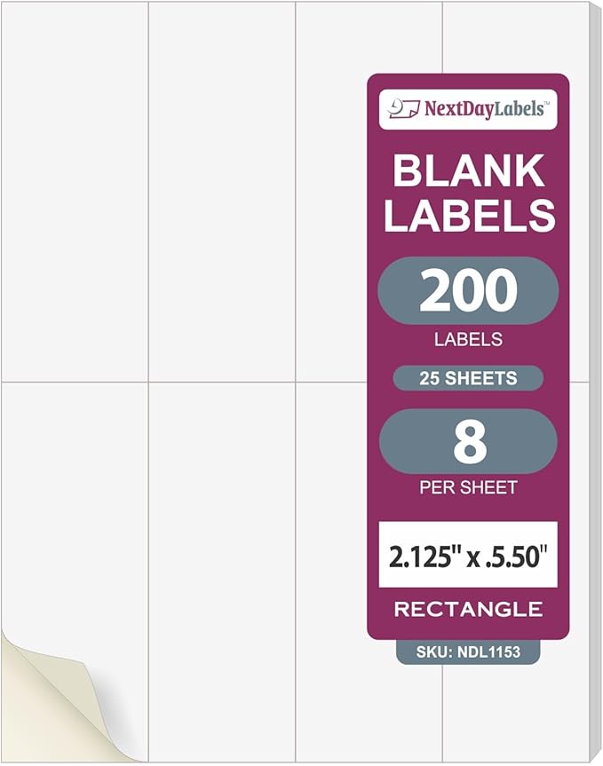 NextDayLabels – 2.125" x 5.5" Rectangle Sticker Labels for Printer - White Laser/Inkjet Printer Labels Return Address Labels Shipping Label Stickers (25 Sheets, 8 Per Sheet, 200 Labels)