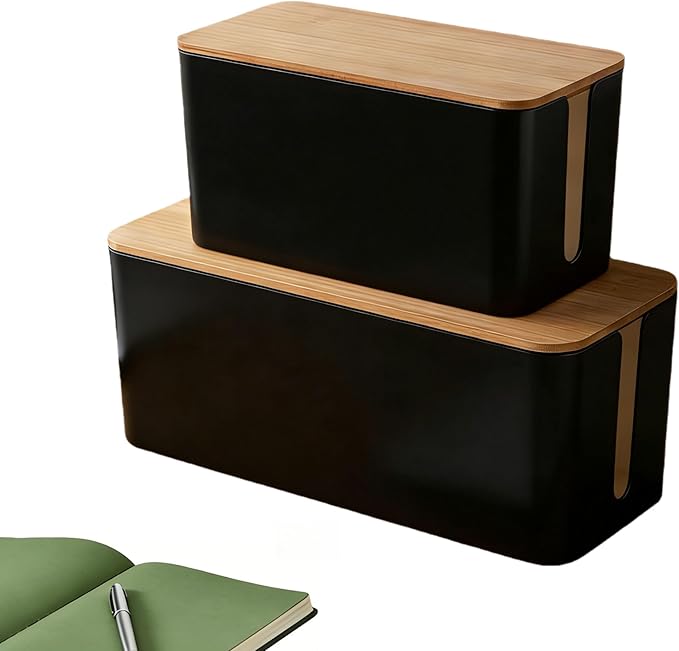 1Large+1Small Cable Organizer Set-2-Piece Home Office Desk Wire Management Storage Box,Cable Storage Box(Bamboo lid/Black)