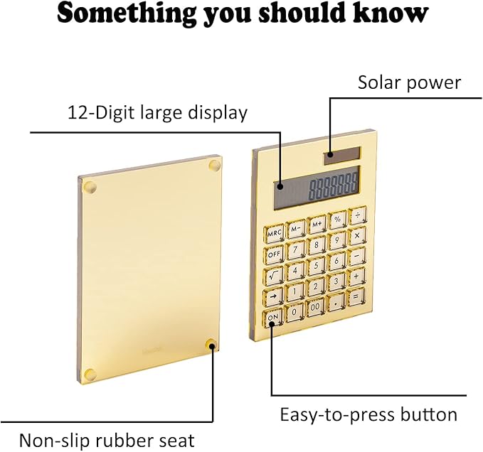 Gold Mirror Solar Power Acrylic Slim Calculator with Large LCD Display and Stand, 12-Digit Handheld Desktop Calculator for Office, School, Business