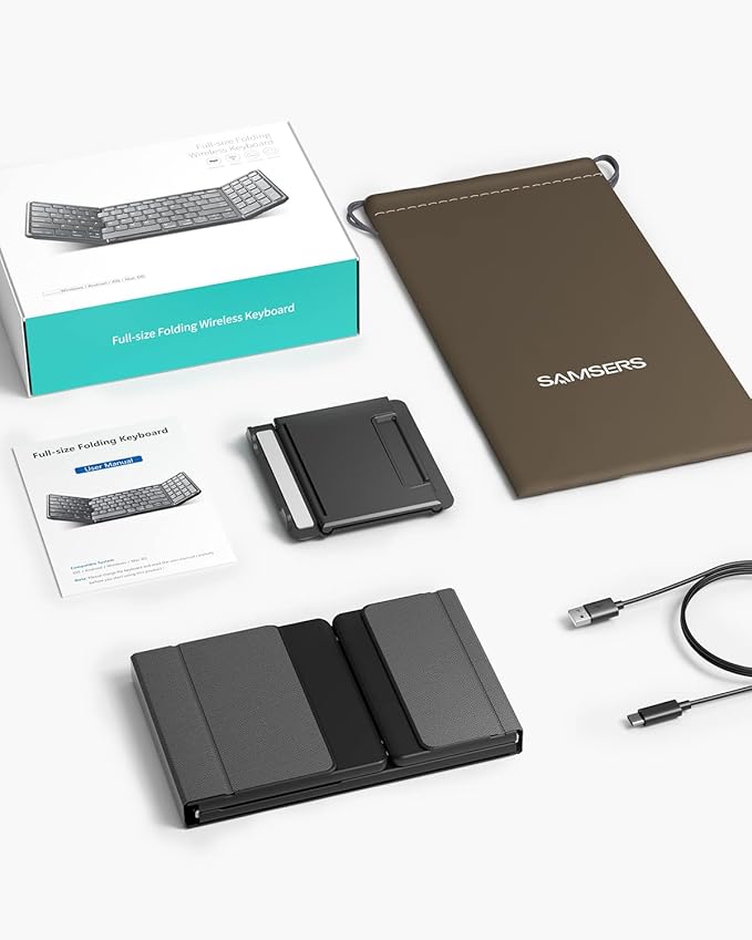 Samsers Foldable Bluetooth Keyboard with Numeric Keypad, Full-Size Wireless Folding Keyboards with PU Leather, Portable Travel for iOS Android Windows Mac OS, Support 3 Device(BT5.1 x 3)-Black