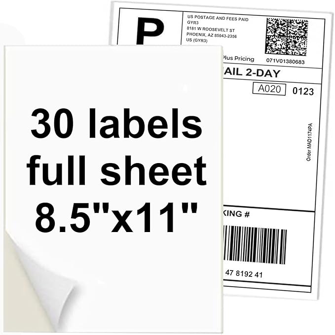 NefLaca 30 Full Sheets Sticker Paper for Laser & Ink Jet Printers, 8.5" x 11" Full Sheet Address Shipping Labels