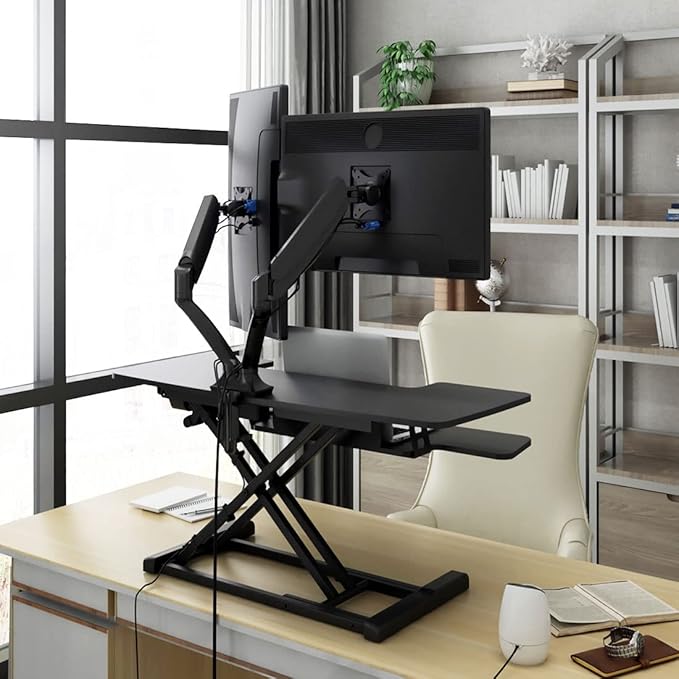 FLEXISPOT Electric Standing Desk Converter 42" Height Adjustable Desk 55 LBS Weight Capacity Motorized Stand up Desk Riser with Quick Release Keyboard Tray for Office Home