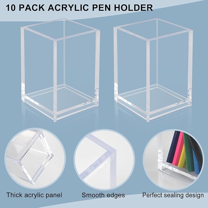 10 Pack Clear Acrylic Pen Holders, Pencil Cups & Makeup Brush Organizers, Transparent Desk Storage for Office, School, Home & Study Supplies(10pcs)