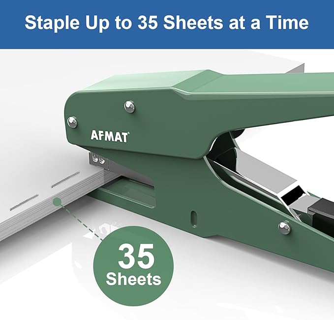 AFMAT Effortless Plier Stapler, Metal 35 Sheet Stapling Plier, 15000+ Stapling Times, with Staples & Reload Button, Handheld Stapler Heavy Duty, Space Save Size, Good for Office, Home, School, Green
