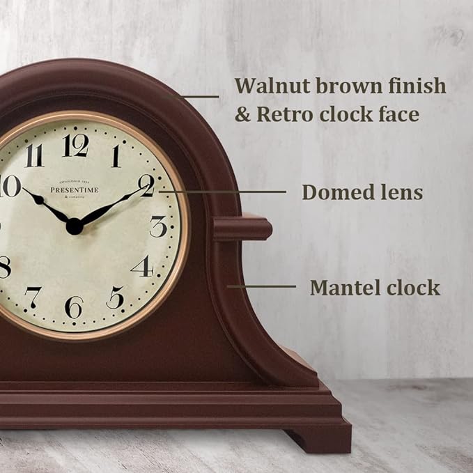 Presentime & Co. Mantel Clock Vintage Farmhouse Series, Napoleon Desk & Shelf Clock, 13 x 10 inch, Domed Lens, Quartz Movement, ABS Plastic Case, Walnut Brown Finish (Home/Tabletop Decoration)
