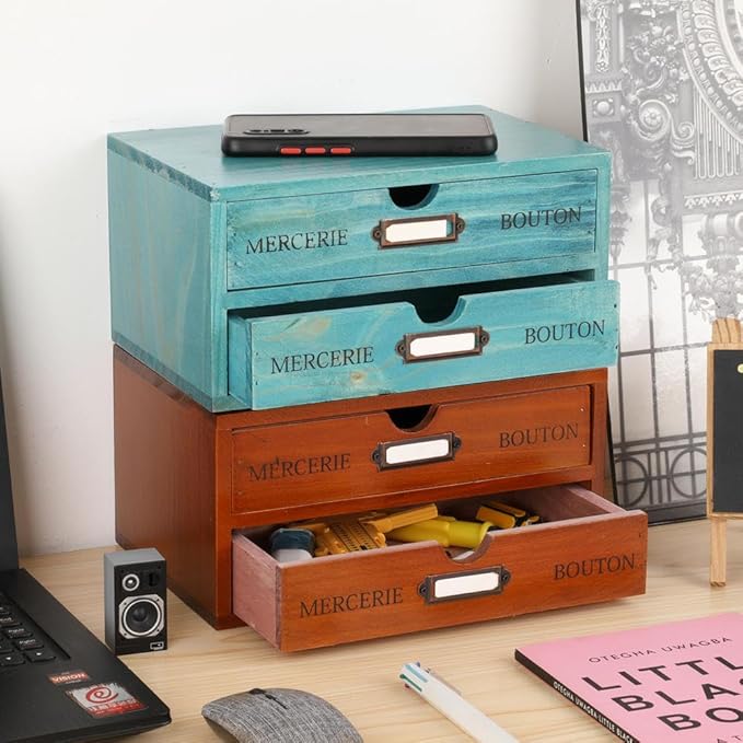 Wooden Storage Box Rustic Desktop Organizer with 2 Drawers Office Desk Accessories Shelf Small Craft Storage Containers Apothecary Cabinet and Chest Jewelry Holder for women(BLUE)