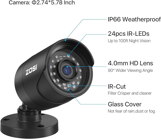 ZOSI 5MP 3K Lite CCTV Security Camera System with AI Human Vehicle Detection, 8CH H.265+ DVR and 4 x 1080p Surveillance Bullet Cameras Outdoor Indoor, 100ft Night Vision, IP66 Weatherproof, 1TB HDD