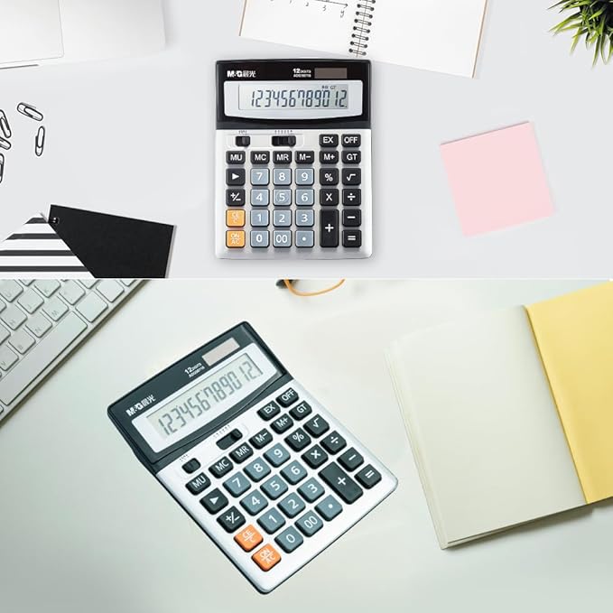 M&G Desk Calculator 12 Digit Extra Large LCD Display Calculators, Dual Solar Power and Battery, Battery Included, Metal Panel Comfort Button Calculator for Office Home