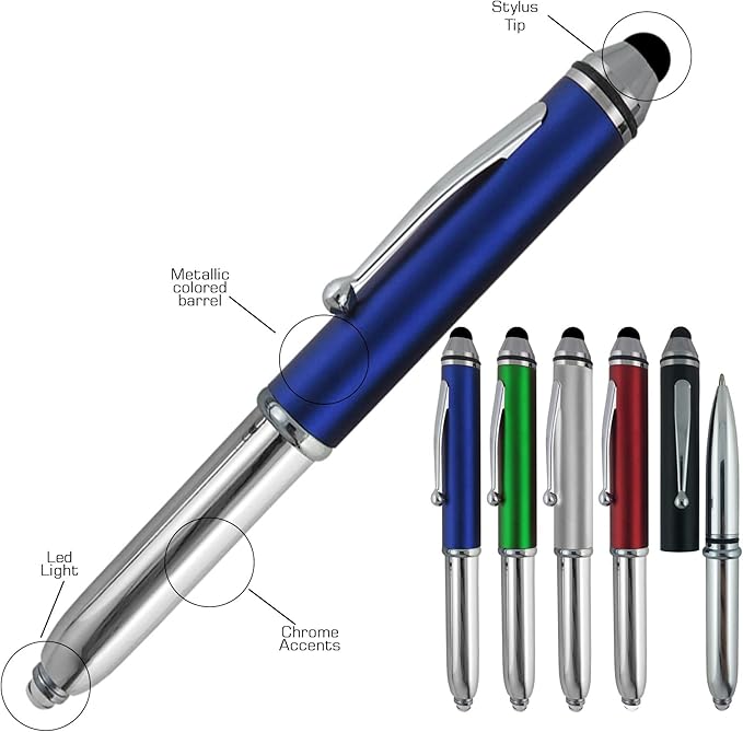 Promotional Pens with your Personalized Text or Custom Business Logo- Bulk 150 Pack- for Marketing, Parties, and Events, 3 in 1 LED Flashlight + Ballpoint Pen + Stylus for Touchscreen Devices, Black