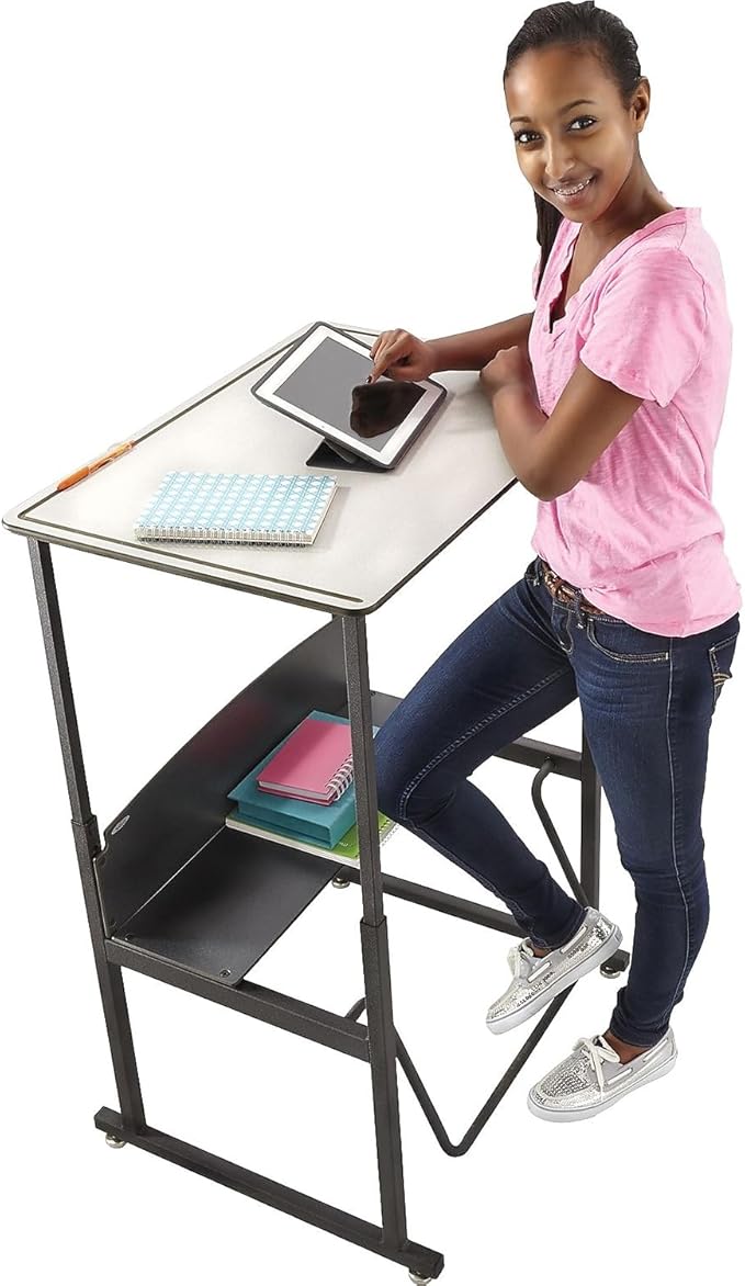 Safco AlphaBetter Stand-Up Student Desk with Book Box, Features a Swinging Pendulum Footrest Bar & a 28” W x 20” D Durable Desktop, Adjustable Height’, Premium Gray