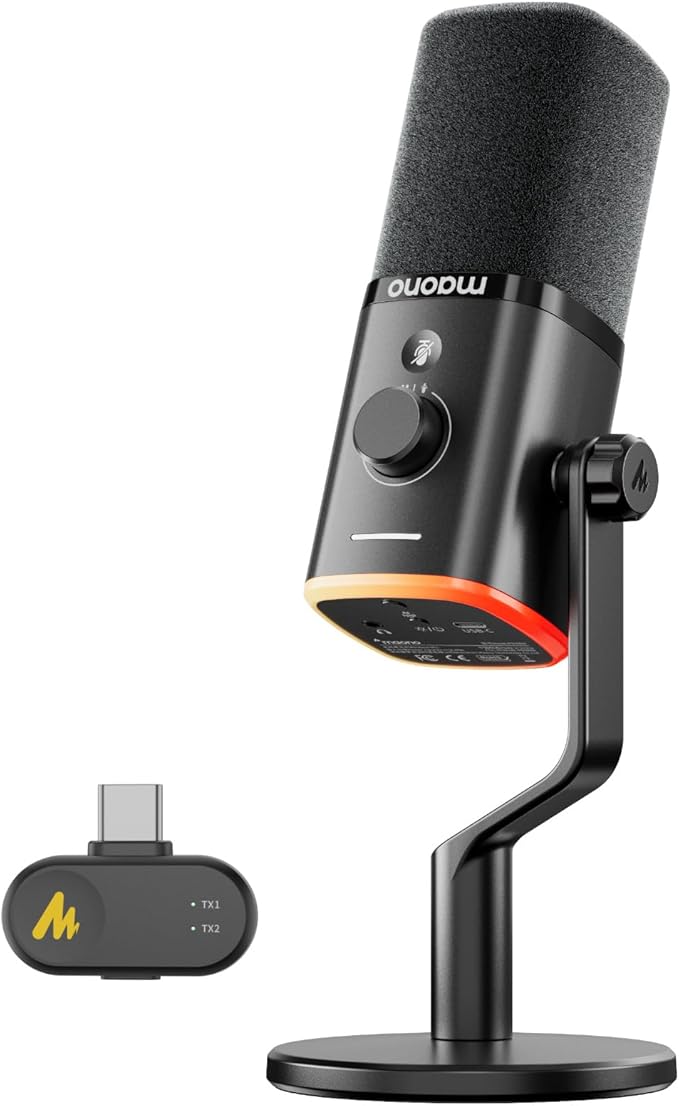 MAONO PD100W Wireless/USB Microphone, PC Gaming Mic with One-Click Noise Reduction,Mute Button,Custom RGB, 3.5mm Headphone Jack, Desktop Dynamic Streaming Mic for Recording,Podcasting, Black