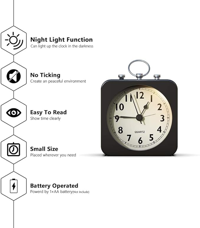 AYRELY® Battery Operated Alarm Clock,Small Retro Table Clock,Slient Metal Desk Clock with Light for Living Room Decor,Bedroom,Bedside,Shelf (Black)