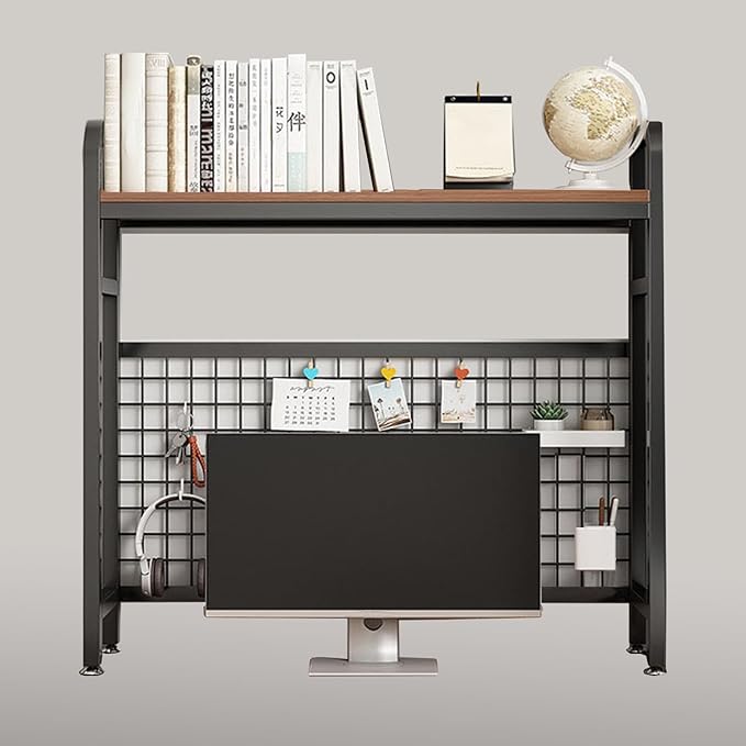 Desk Shelf Bookcase 1-Tier Metal Desktop Bookshelf Hutch with Grid Panel and DIY design possible Multipurpose Storage Organizer Display Rack for Dorm Office Home Computer Desk(Black 37.4"×7.9"×38.6")