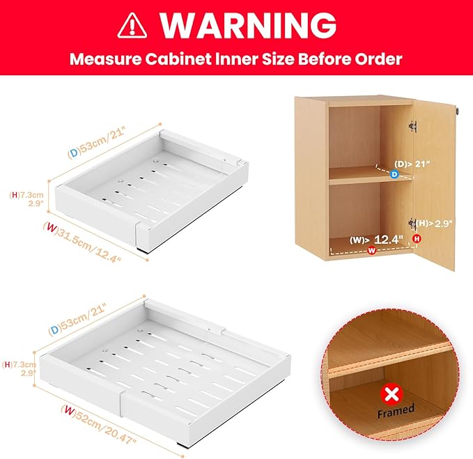 FILTA 2Pack Expandable Pull-Out Cabinet Organizer 21" Deep Slide Out Drawers, Upgrade 3 Slide Rails, Adjustable Width 12.4”-20.4”, With Screws and Nano Film Adhesive, White