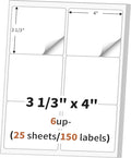 3 1/3" x 4" (25 Sheets) Address Labels, Labels Sticker Paper for Laser/Ink Jet Printer, Printable and Writable White Sticker Labels- Matte, 6 per Page Labels (Total 150 Labels)