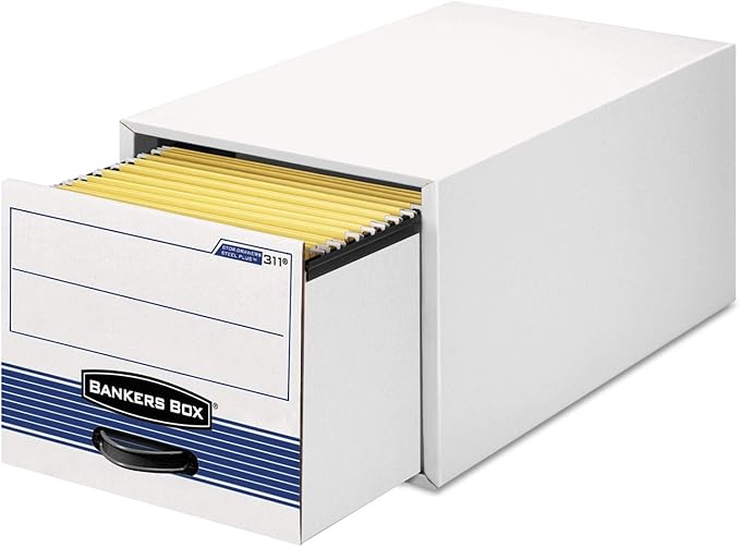 Bankers Box 6 Pack STOR/DRAWER STEEL PLUS Extra Space Saving Filing Cabinet, Stacks 5 High, Letter, White/Blue