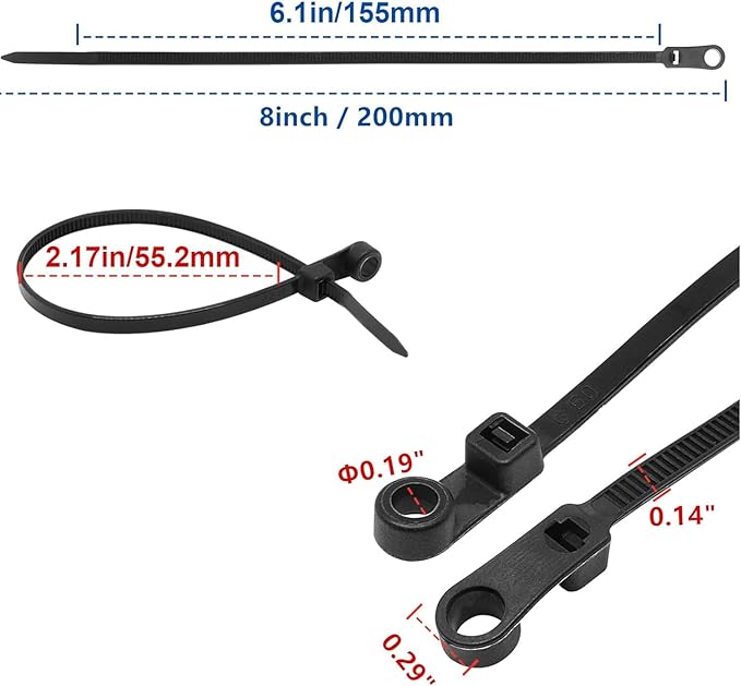 Zip Ties with Screw Hole, 8 inch 48lbs Electrical Cable Ties Straps Mount Head Plastic Ties Multipurpose Heavy Duty Nylon Zip Tie for Indoor & Outdoor (Black 8", 300pcs)