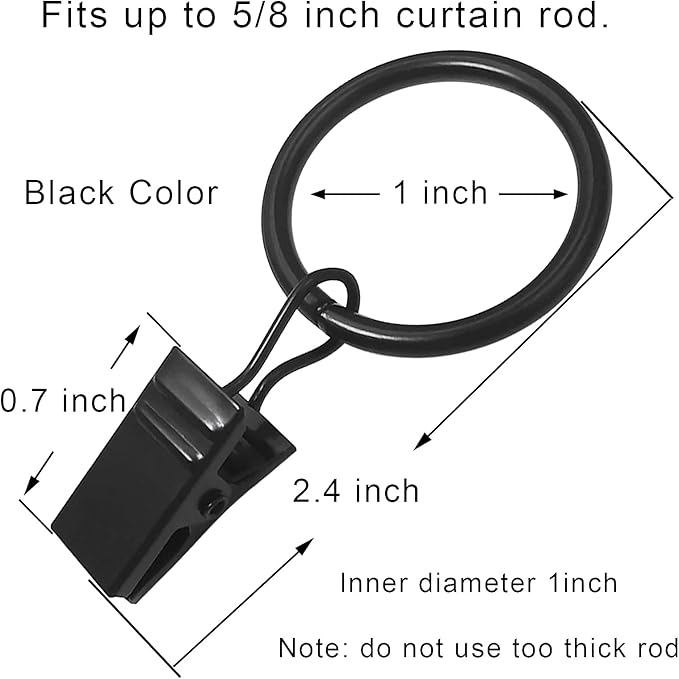 AMZSEVEN 44 Pack Metal Curtain Rings with Clips, Drapery Clips with Rings, Drapes Rings 1 inch Inner Diameter, Fits Diameter 5/8 inch Curtain Rods, Black