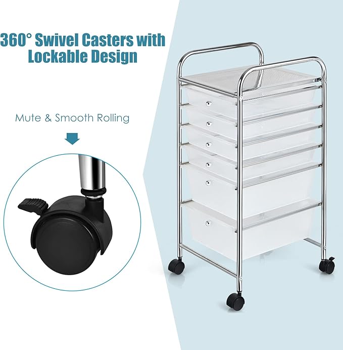 Happygrill 6-Drawer Organizer Cart Tools, Mobile Utility Storage Cart with Removable Drawers & Lockable Wheels, Rolling Storage Cart with Wheels for Home Office,Clear
