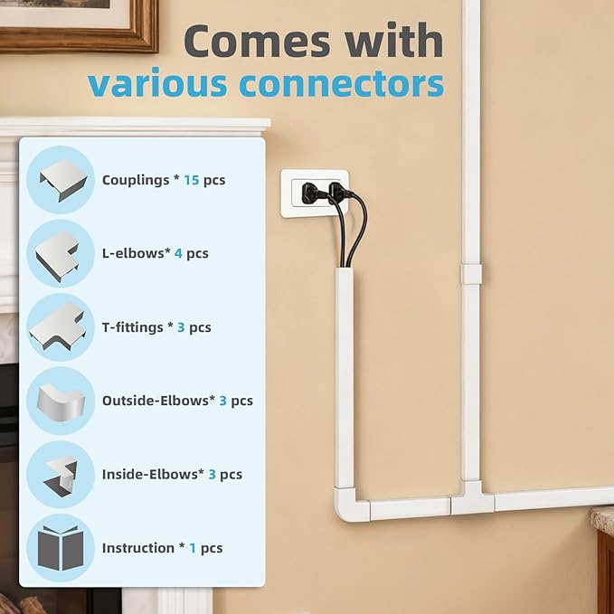 Art3d Cord Hider Kit, 360in Cord Covers for Wires on Wall, Paintable Cable Hider, Cable Raceway Kit for Wires, Wall Mount TV Cords Management, W0.94 H0.54in, White