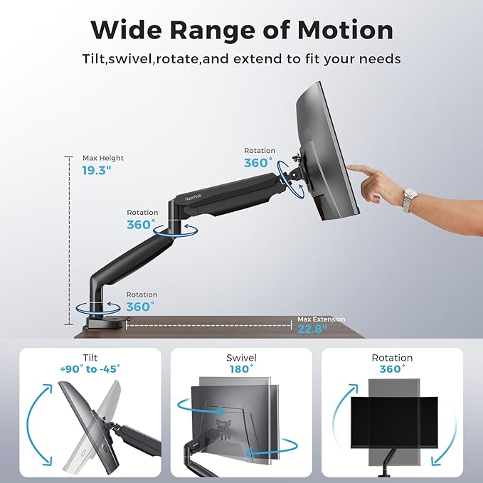 Curved Monitor Mount Single Arm Holds to 28.6 lbs, Ultrawide Monitor Stand for 35" Screens, C-Clamp & Grommet Base, +90° to-45° Tilt,180°Swivel,360° Rotation,VESA 75x75 or 100x100mm,for Curved/Flat
