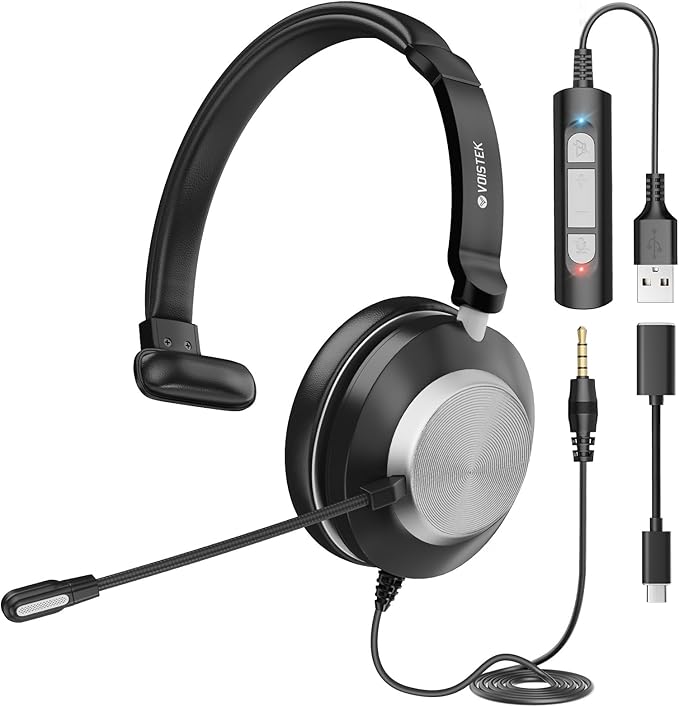 Voistek USB Headset with Microphone, Wired Computer Headset for Laptop/PC with Noise Cancelling Mic, Mono Headphones with in-Line Volume Control for Work