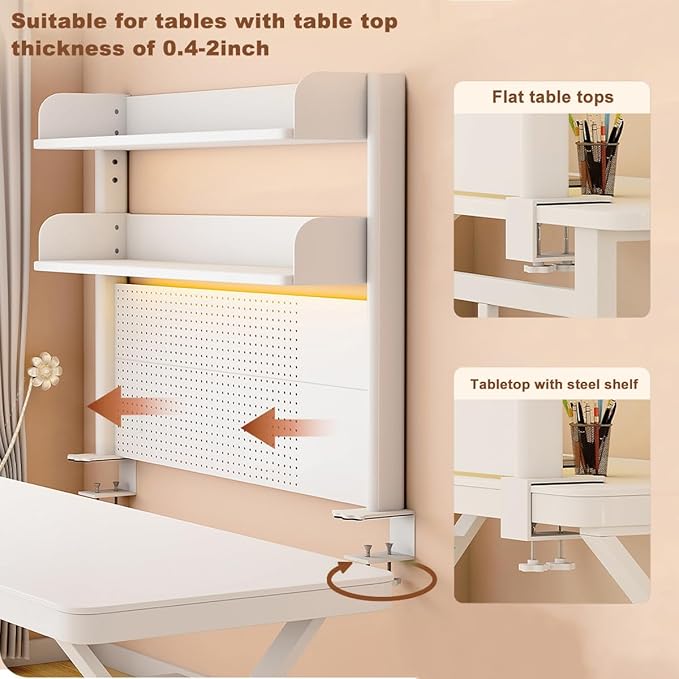 Clamp on Desk Shelf with Pegboard, White Desktop Organizer Bookshelf Storage Shelves for Home Office Dorm Gaming Desk, Space Saving Tabletop Display Rack Organization, 31.5x37.5in