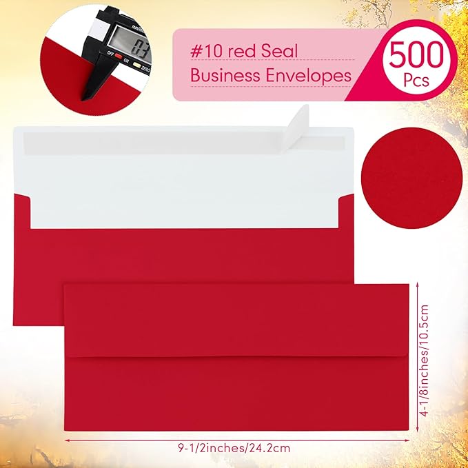 Jutom 500 Pcs Kraft Envelopes Letter Size Bulk #10 Business Strong Sealed 4-1/8 x 9-1/2 in Flap Office Printable Mailing Envelopes Windowless Invisible(Red)