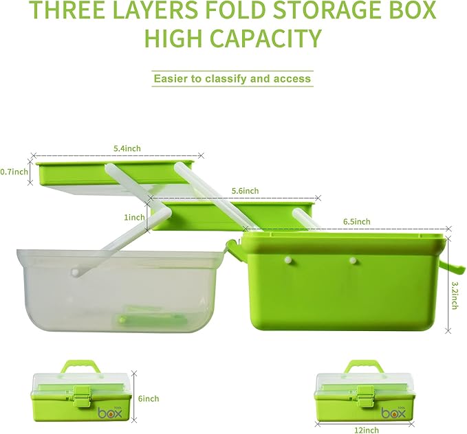 12in 3-Layer Plastic Craft Organizers and Storage, Portable Folding Tackle Box with Handle & Adjustable Dividers, Multipurpose Case for Sewing, Art Supplies, Medicine, Tools (Green)