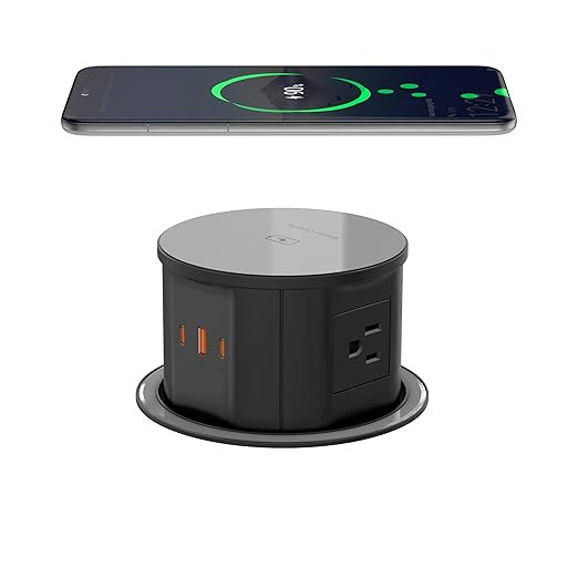 Pop Up Countertop Outlet with 15W Wireless Charger, PD 20W USB-C Ports & 4 AC Outlets, 800J Surge Protection, 4.75 inch Pop Up Receptacle, 6Ft Cord for Home Office(ETL & FCC Listed)