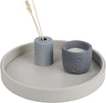 HofferRuffer Round Decorative Tray, Faux Leather Vanity Tray Decor, Decorative Catchall for Perfume, Bathroom Valet, Nightstand or Dresser, 12 x 12 x 1.6 inches (Grey Stripe)