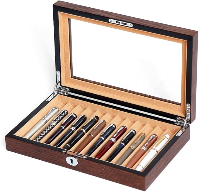 12-Slot Fountain Pen Collector Case – Lockable Wooden Organizer with Glass Display Top, Premium Storage Box for Writing Instruments and Gift for Men