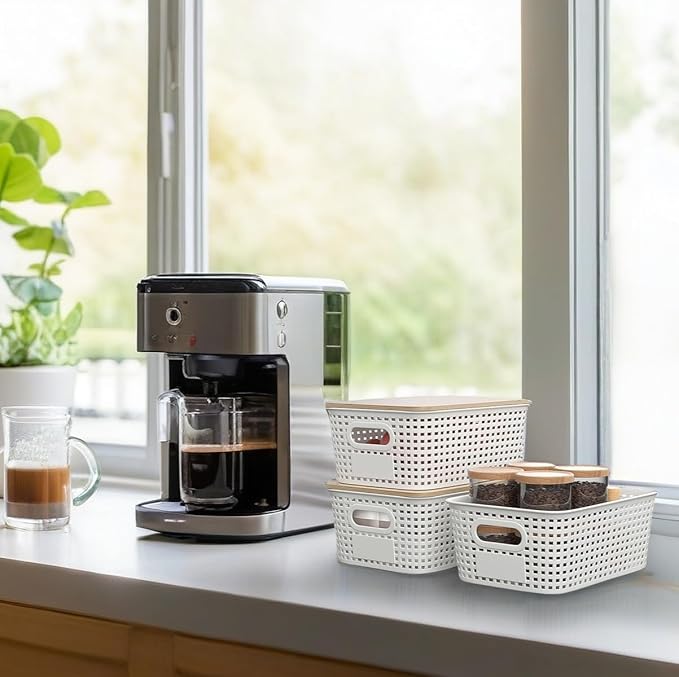 Plastic Storage Bins with Bamboo Lid - Pantry Storage Baskets with Lid - Stackable Container with Lable for Organizing: Small Storage Box for Shelves Office Cabinet Drawer Closet 9x7x4 In - White 6Pcs