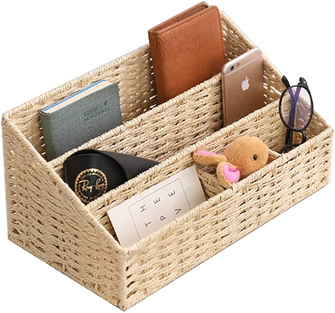 Rattan Mail Organizer - Countertop, Desk, Bills, Woven Basket, Magazine Holder, Mail Sorter, Hobo Organizer，Beige