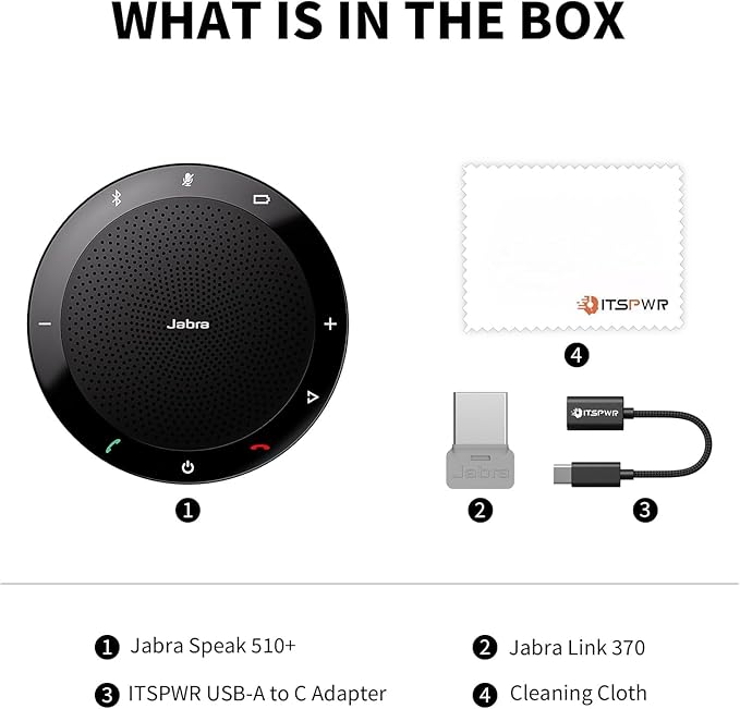 ITSPWR Jabra Speakerphone 510+ UC - Wireless Portable Conference Bluetooth Speaker with Microphone Contains Link 370, Echo Cancellation |Plug&Play| Comes Bundle