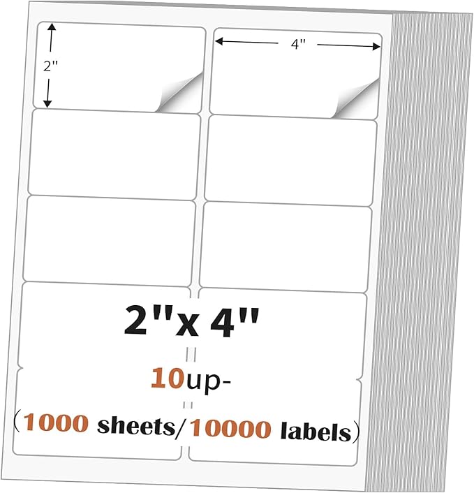 2"x 4" (1000 Sheets) Address Labels Sticker Paper for Laser/Ink Jet Printer, Printable and Writable White Sticker Label- Matte, 10 per Page Label (Total 10000 Labels)