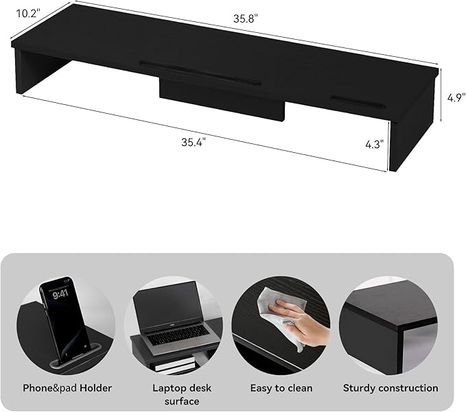 Dual Monitor Stand Riser with Phone Tablet Holder, 35.8in Large Monitor Stand for Desk, Computer Monitor Stand for 2 Monitors, Desk Shelf for Top of Desk, Desktop Organizer for Laptop, Printer, TV