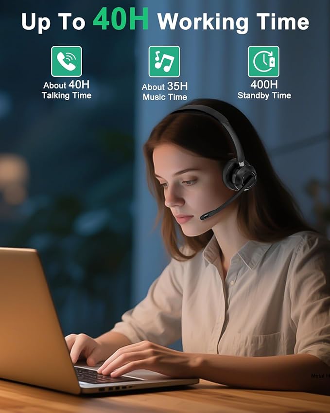 Blue Air Wireless Headset with Mic for Work, Bluetooth 5.1 Headphones with Noise Canceling Microphone, USB Dongle, 45H Playtime, Clear Calls & Mic Mute for PC, Laptop, Call Center, Teams, Black