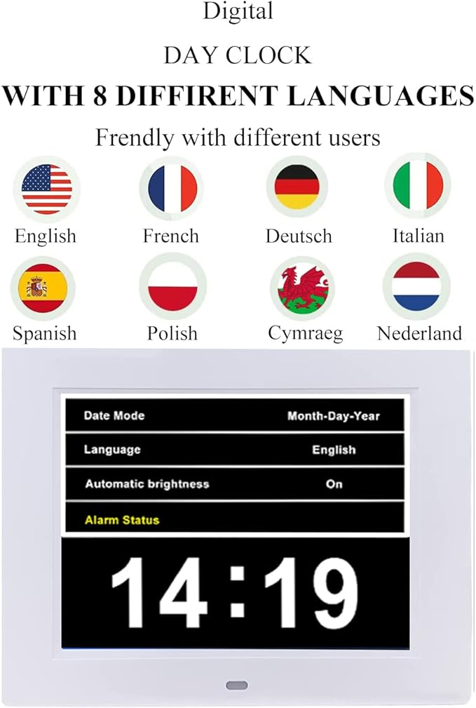 Aowasi Digital Day Calendar Clock 8 Inch 12 Alarms Non-Abbreviations Day & Month Electronic Dementia Alzheimer Vision Impaired Memory Loss Desk Large Digital Alarm Clock