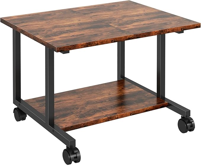 Livofloral Under Desk Printer Stand with Storage Shelf, 2-Tier Industrial Mobile Printer Table for Home and Office, Printer Stand with Wheels,Rustic Brown