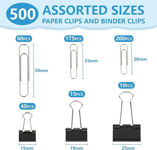 500PCS Paper Clips and Binder Clips Assorted Sizes,Silver Paper Clips & Black Binder Clips for Home, School, Office Supplies