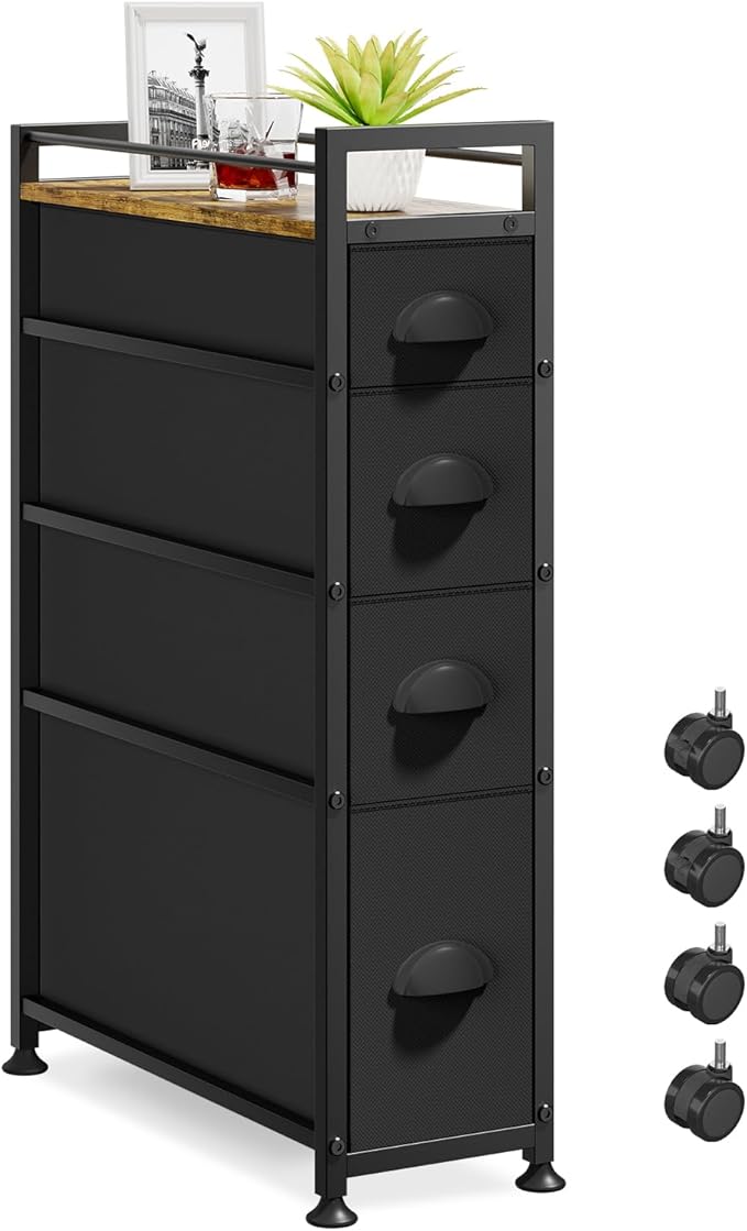 LASZOLA 4 Drawer Narrow Dresser Slim Cabinet Skinny Storage Tower Chest, Ideal for Small Spaces Bathroom Bedroom, Between Washer and Dryer, Lightweight Mobile on Wheels, Sturdy Fabric Drawers, Black