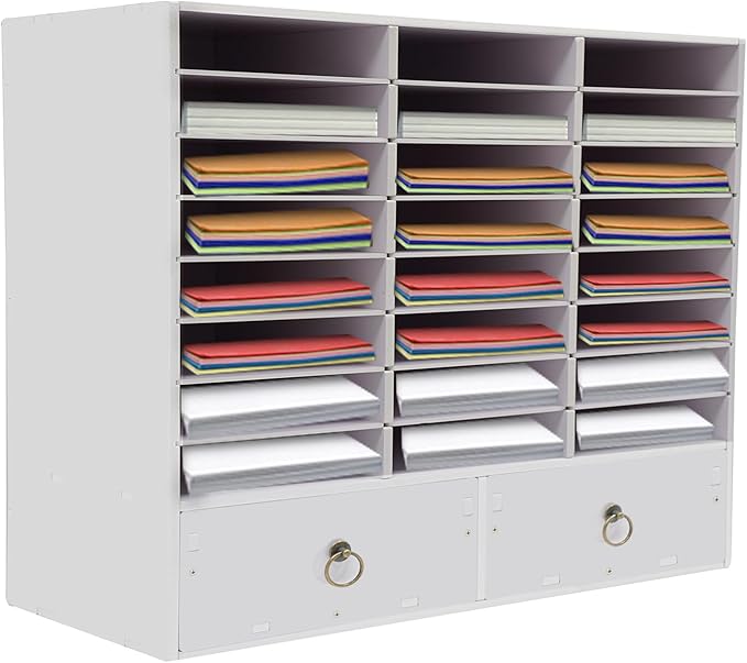 DYRABREST Wooden Literature Organizer 24 Slots Paper and Mail Organizer Storage Cabinet Desktop File Sorter with 2 Drawers, Adjustable Shelves for Home & Office School Mailrooms