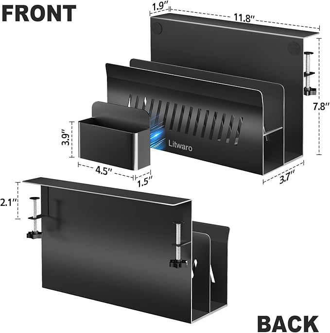 Litwaro Desk Side Storage Organizer, 2 Tier Laptop Holder Clamp on Desk Organizer, No Drill Laptop Mount with Magnetic Pen Holder, Hanging Desk Organizer Fits Flat Edge Table 0.4" to 2.1" (Black)