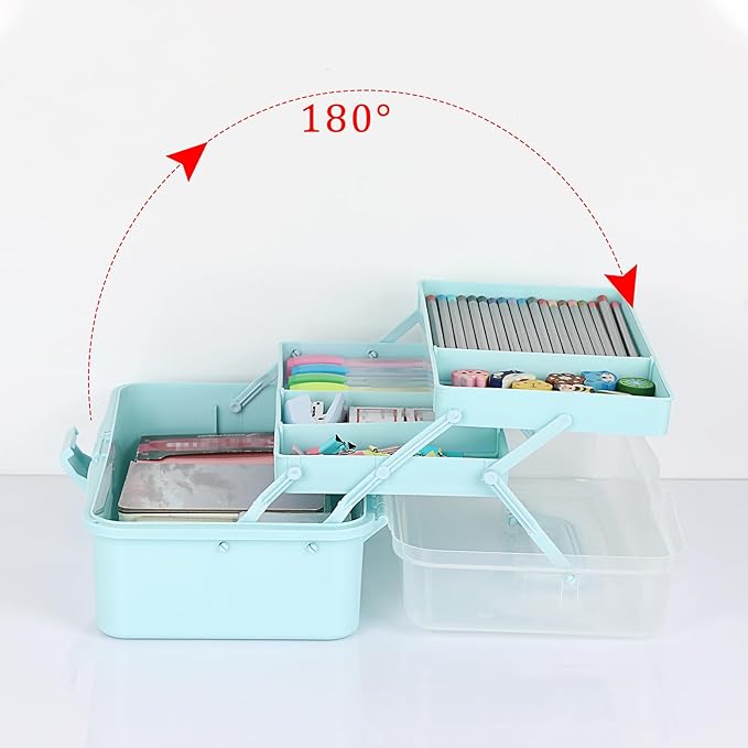 BTSKY 3-Layer Plastic Dividing Storage Box Craft Organizer and Storage with Adjustable Spacers Portable Handled Art Supply Organizer Multipurpose Home Utility Box for Medicine, Sewing(Blue)