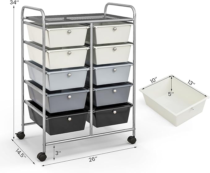 Giantex 10 Drawers Rolling Cart, Classroom Organizers, Storage Cart with Wheels, for Teacher Office Home School Supplies Tool Craft Art Paper, Gray Gradient