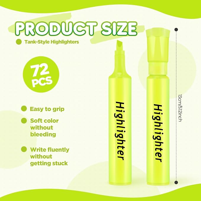 Qilery 72 Pack Highlighters Bulk, Tank Style Chisel Tip Highlighters Markers Pack Quick Drying for Adult Coloring, Home Office Supplies (Yellow)