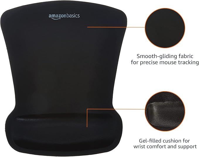 Amazon Basics Irregular Ergonomic Gel Computer Mouse Pad with Wrist Rest for Pain Relief, 10.1L x 8.1W inches, Black