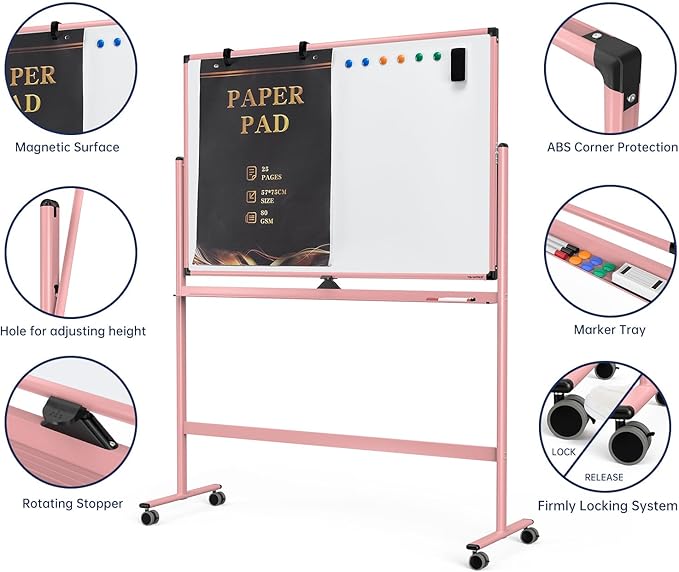 Large Dry-Erase Rolling Magnetic Whiteboard - 48 x 32 Inches Dry Erase Board with Stand Height Adjust Double Sides Mobile White Board Easel on Wheels with 25 Sheets Paper Pad Office, Home & Classroom