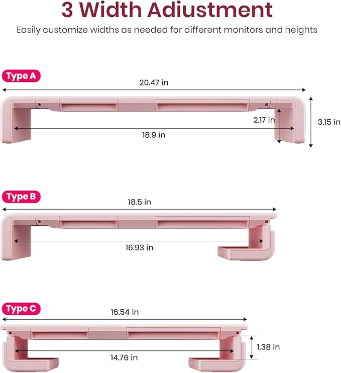 Pink Monitor Stand Riser, Klearlook Foldable, Height Adjustable Computer Stand, Desk Shelf Riser with Storage Drawer &Tablet Phone Stand for Desktop, Laptop